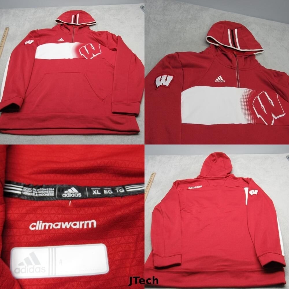 Wisconsin Badgers Hoodie Men XL Adidas Red Fleece ClimaWarm 1/4 Zip Pullover